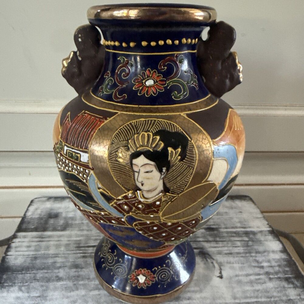 Antique Japanese Satsuma Moriage Vase, Gilded & Cobalt Blue Glaze, EUC!